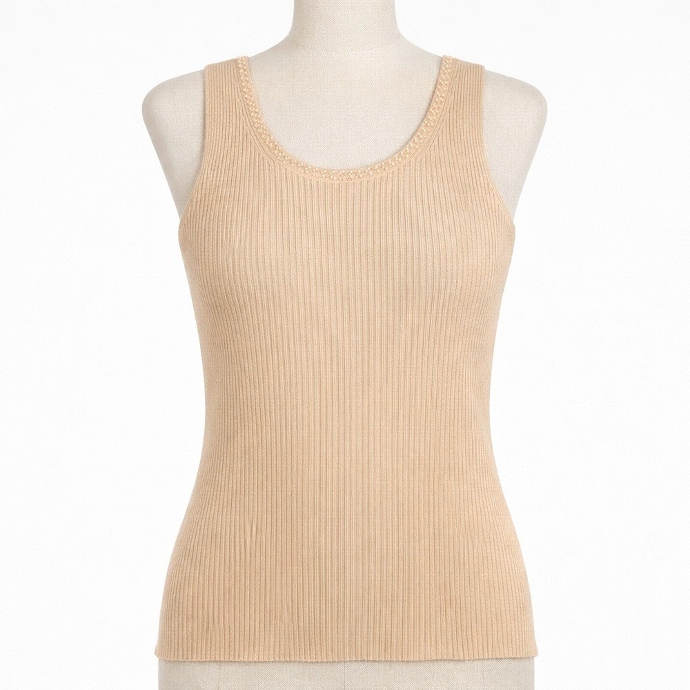 Vintage Cynthia Taylor Beaded Ribbed Tank Size L Tan Sleeveless Layering Classic